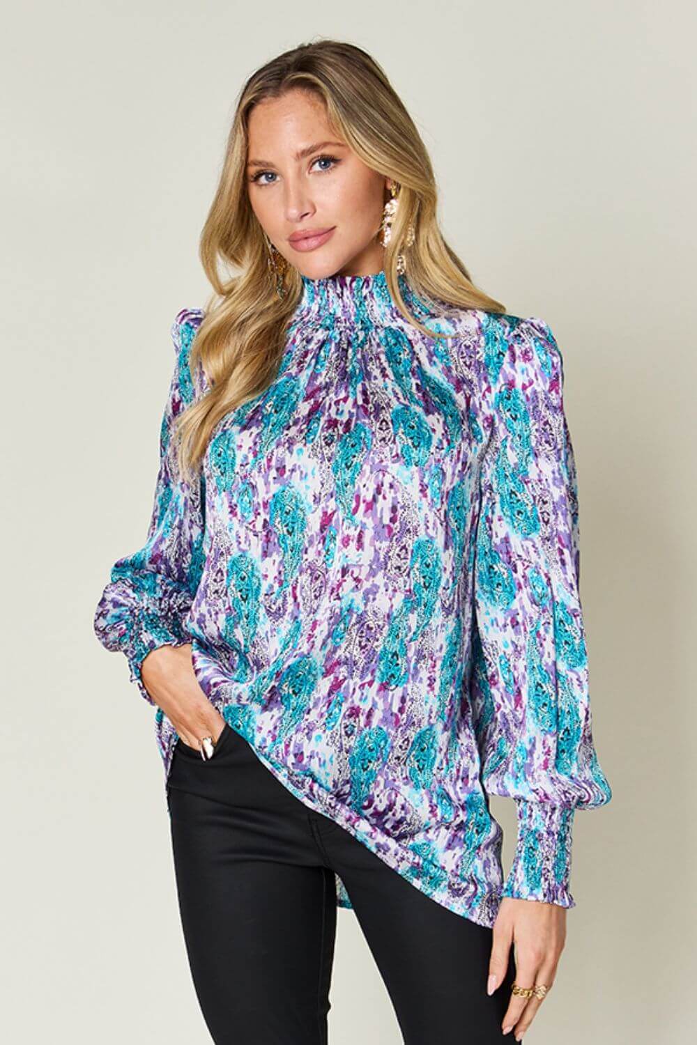 DOUBLE TAKE Full Size Printed Smocked Long Sleeve Blouse at Bella Road