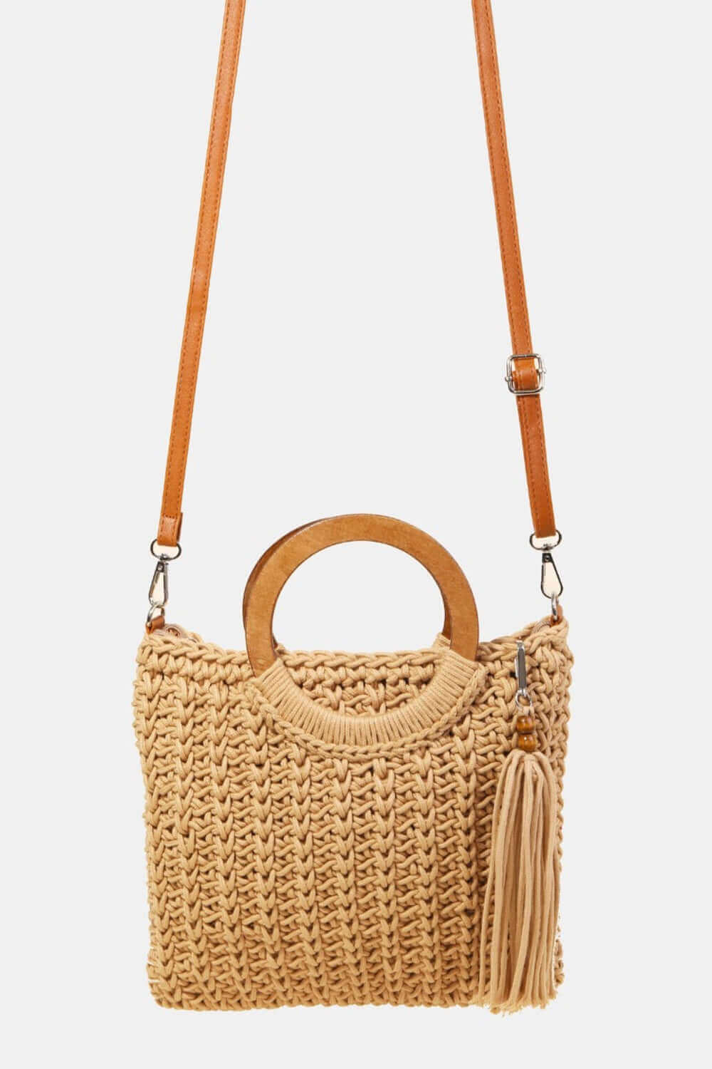 FAME Crochet Knit Convertible Tote Bag with Tassel at Bella Road