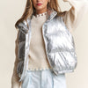 J.NNA Snap and Zipper Shiny Metallic Puffer Vest - Silver