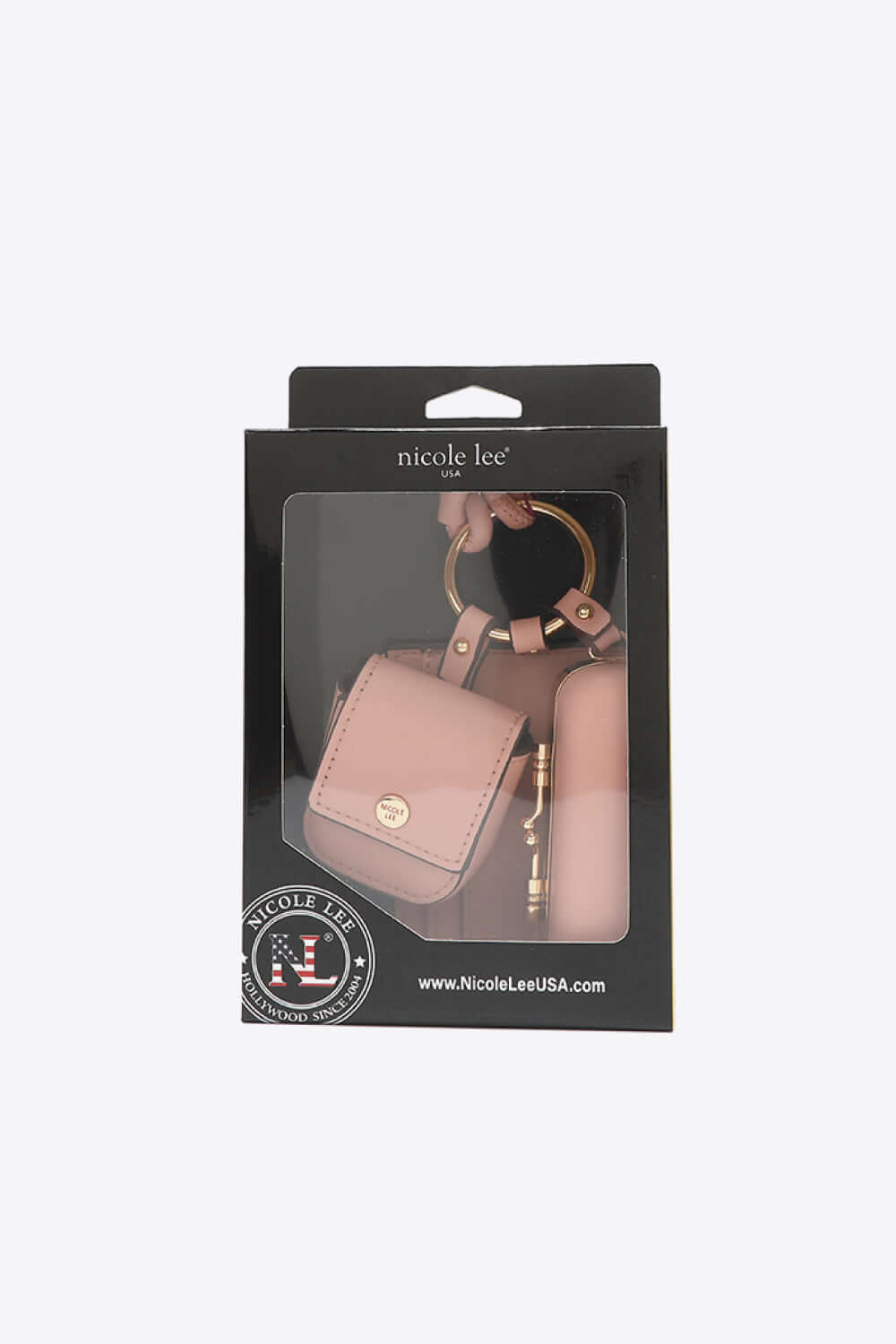 Nicole Lee USA Vegan Leather 3-Piece Lanyard Set in packaging, includes AirPods case, keyholder, and ID holder, crafted from high-quality vegan leather.