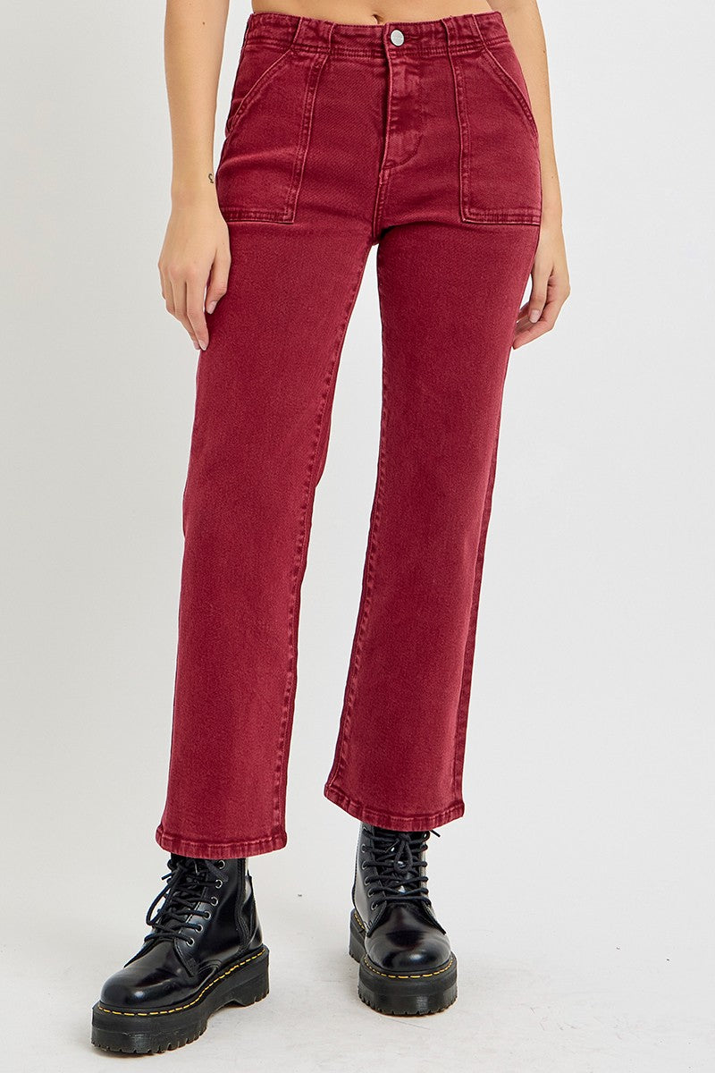 Risen high rise straight jeans with patch pockets in red, showcasing classic style and unique personality. Perfect for T-shirt or shirt pairing.