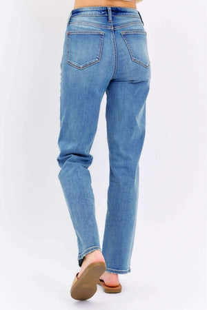 Back view of High Waist Straight Judy Blue Jeans showcasing flattering high waist and straight leg design