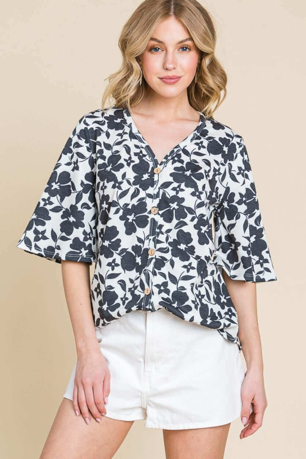 BOMBOM Floral Decorative Button V-Neck Top at Bella Road