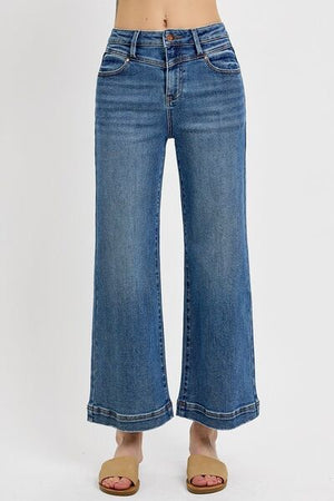 Full size high rise crop wide leg jeans with front yoke detail in light blue, perfect for plus size fashion.