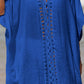 Blue cutout V-neck three-quarter sleeve cover-up with openwork sheer design, made of 65% cotton and 35% polyester.