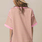 Woman wearing Exposed Seam Stripe Contrast T-Shirt in pink and white with straw hat and distressed shorts. Back view.