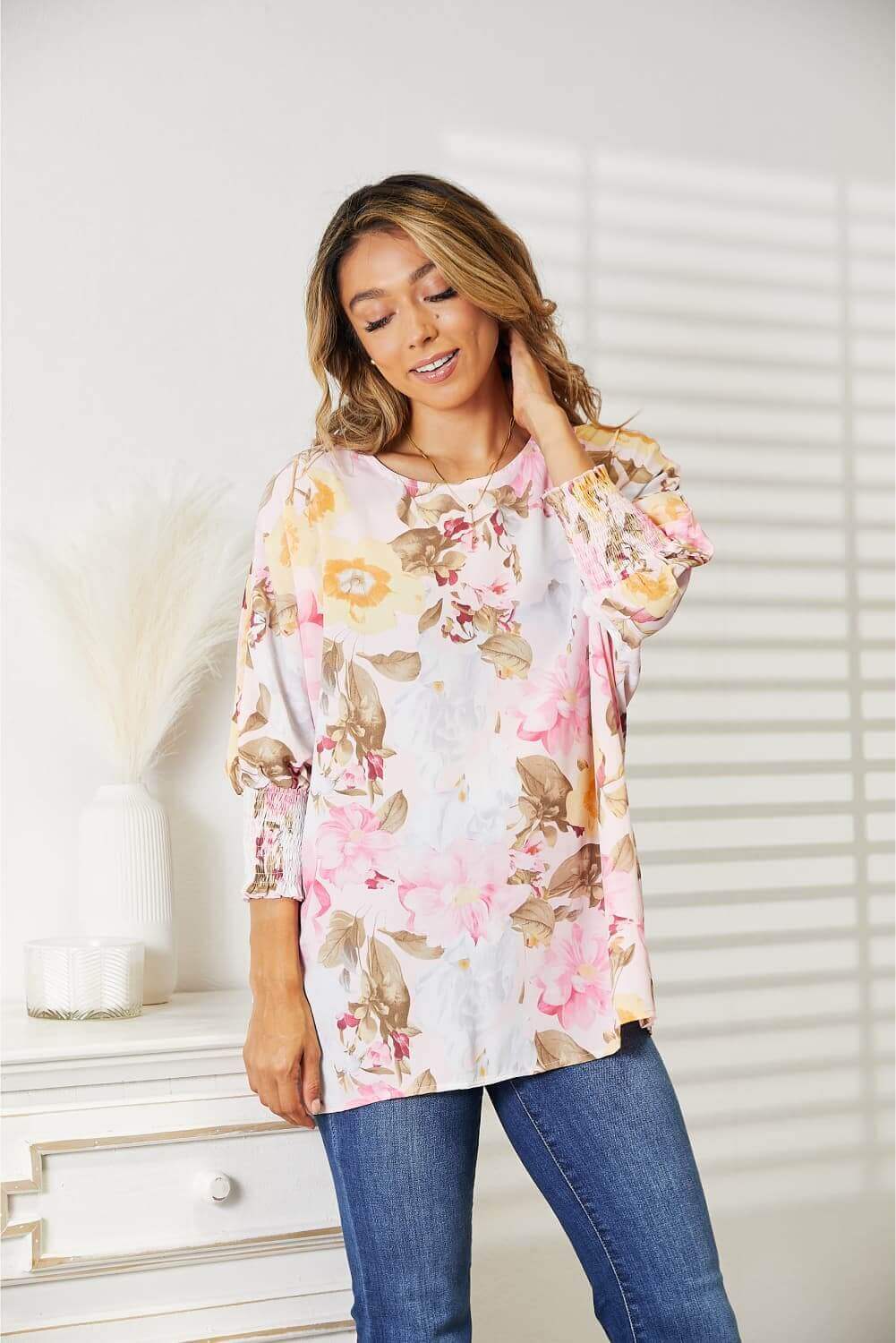 DOUBLE TAKE Floral Round Neck Three-Quarter Sleeve Top at Bella Road