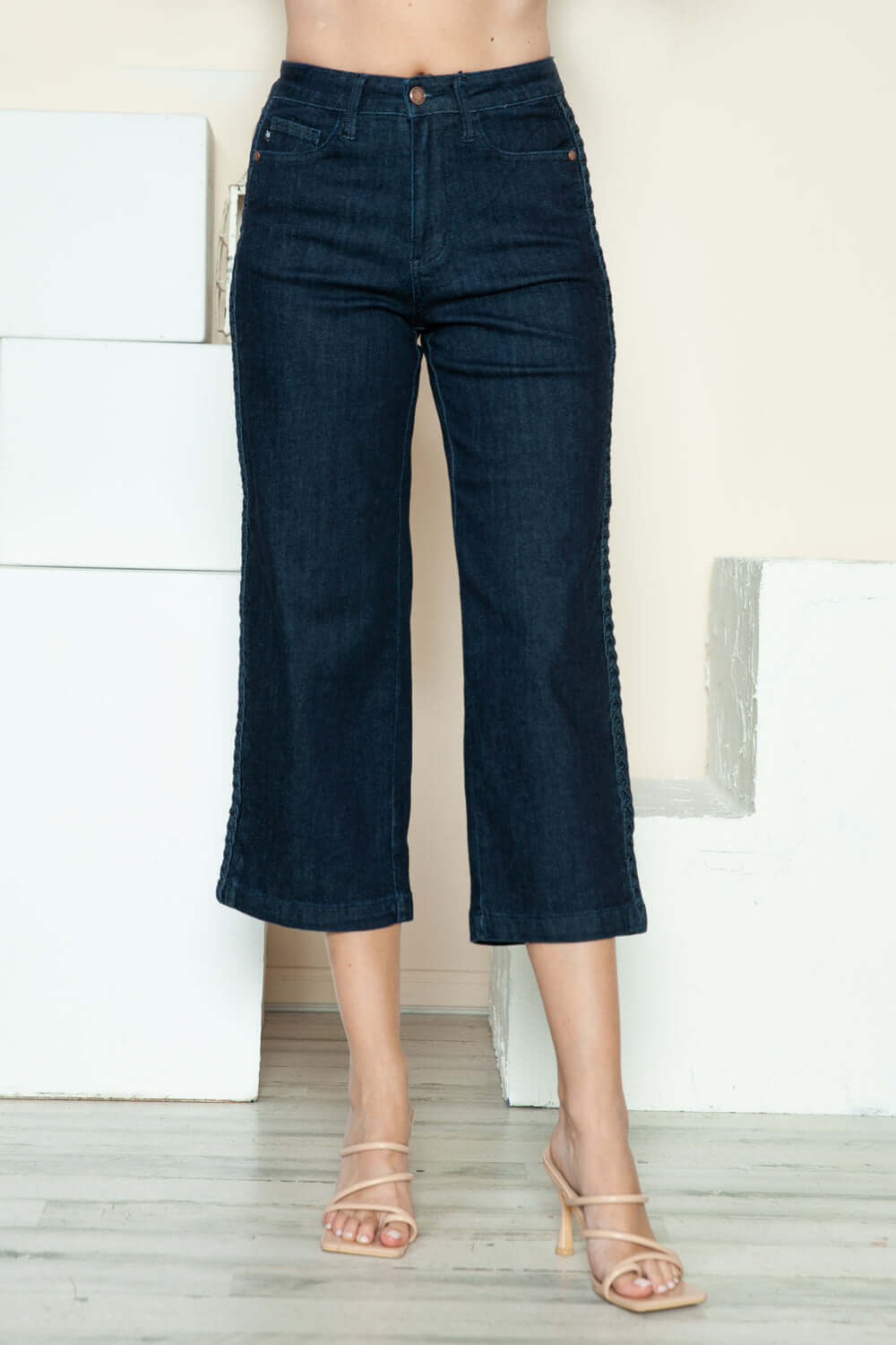 Judy Blue cropped wide-leg jeans with side seam braid for a chic, contemporary denim style.