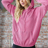 Ribbed Long Sleeve Hoodie with Kangaroo Pocket - Hot Pink