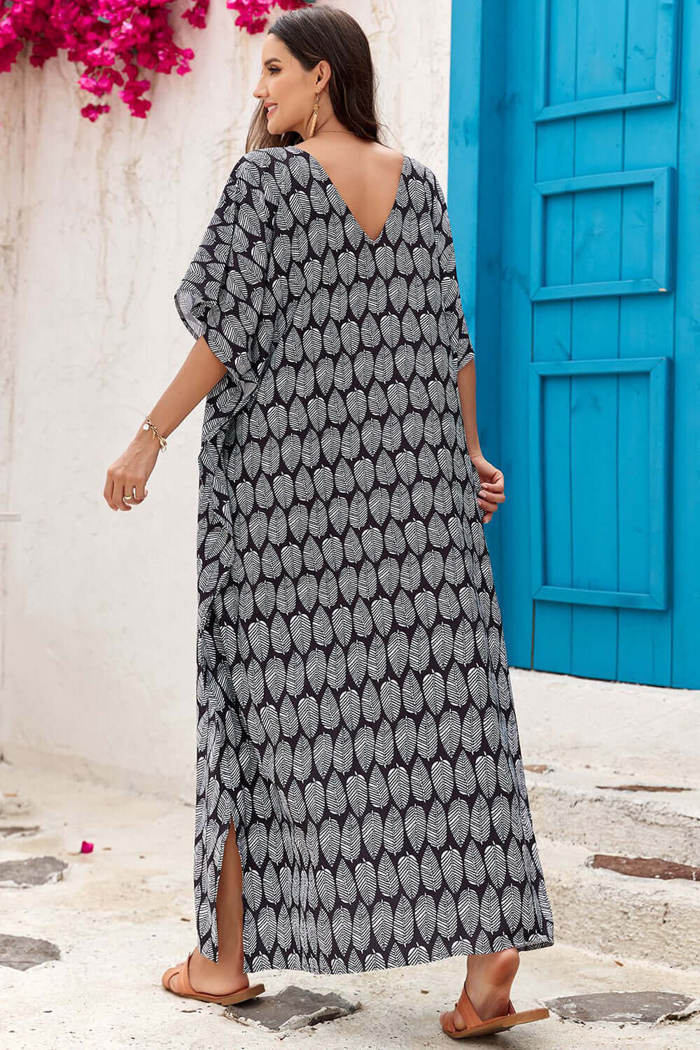 BELLA ROAD Slit Printed V-Neck Half Sleeve Cover Up at Bella Road