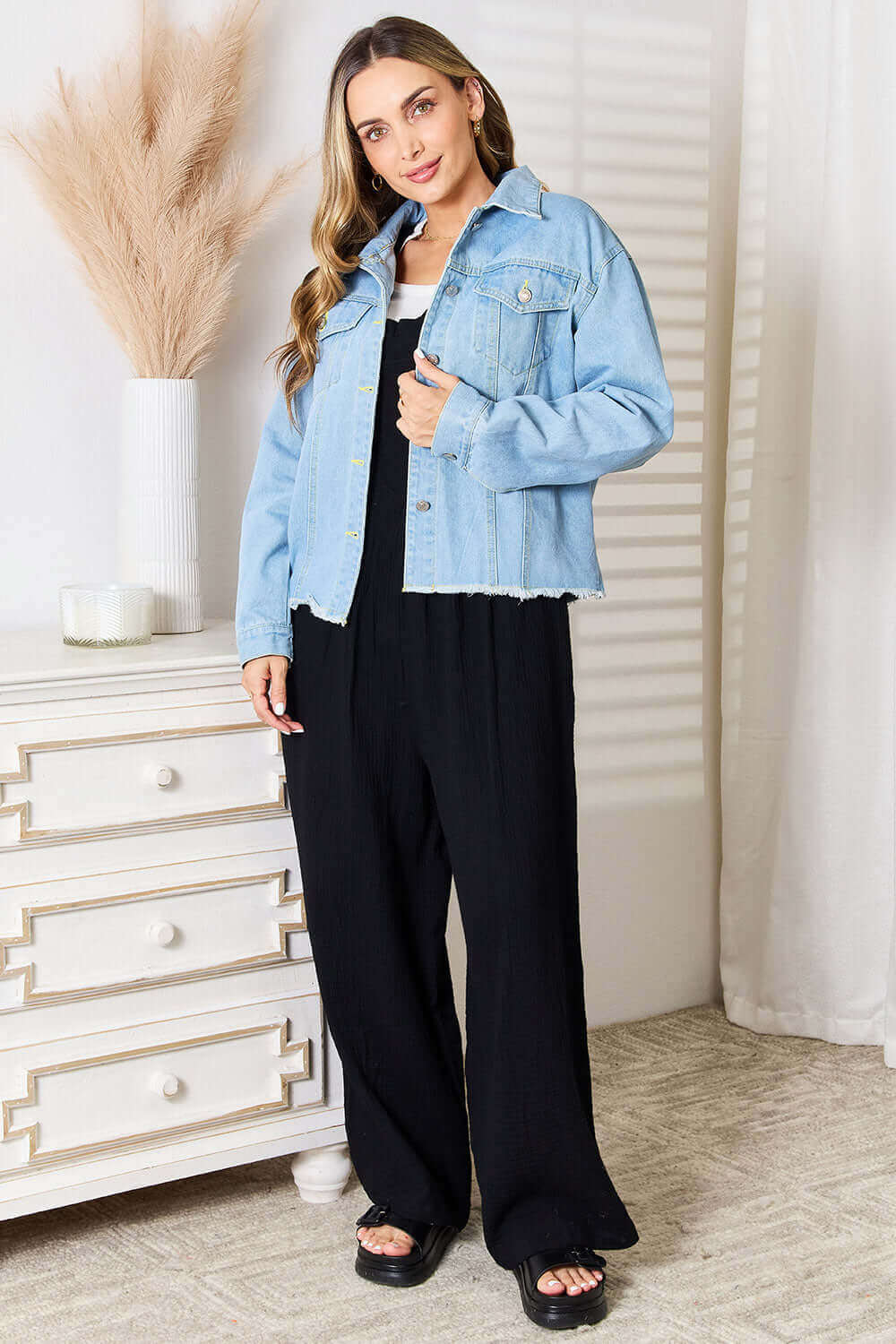 DOUBLE TAKE Dropped Shoulder Raw Hem Denim Jacket at Bella Road