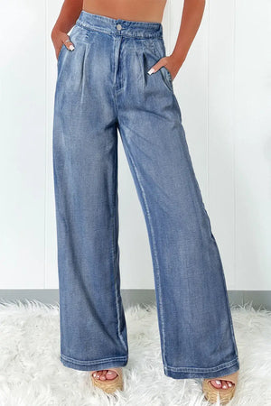 High Waist Wide Leg Jeans - stylish and comfortable denim with high waist and wide legs for a flattering fit, featuring pockets.