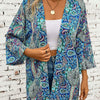 Printed Open Front Three-Quarter Sleeve Cover Up - Teal