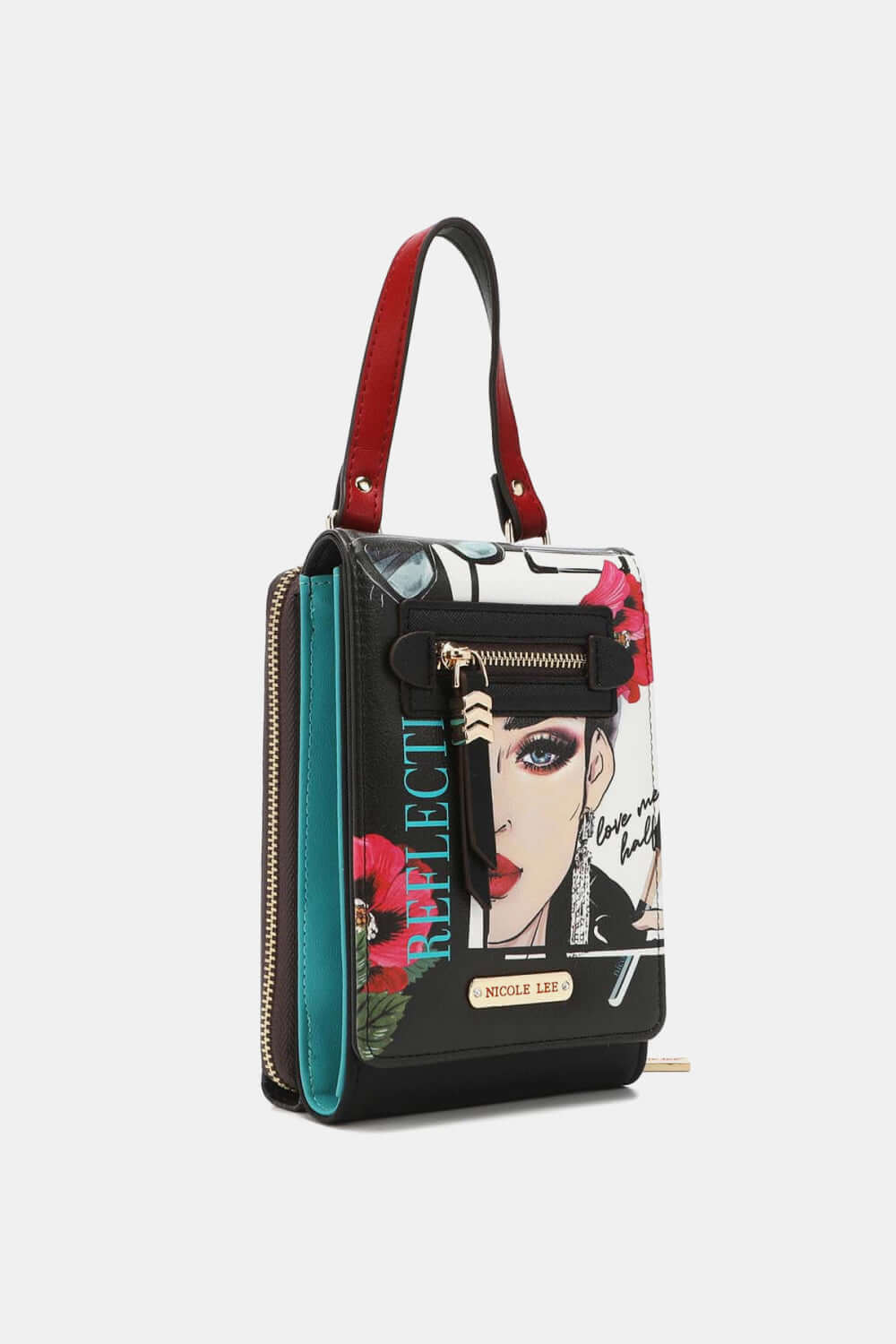 Nicole Lee USA small crossbody wallet with adjustable strap, featuring a vibrant artistic design and two zippered compartments.