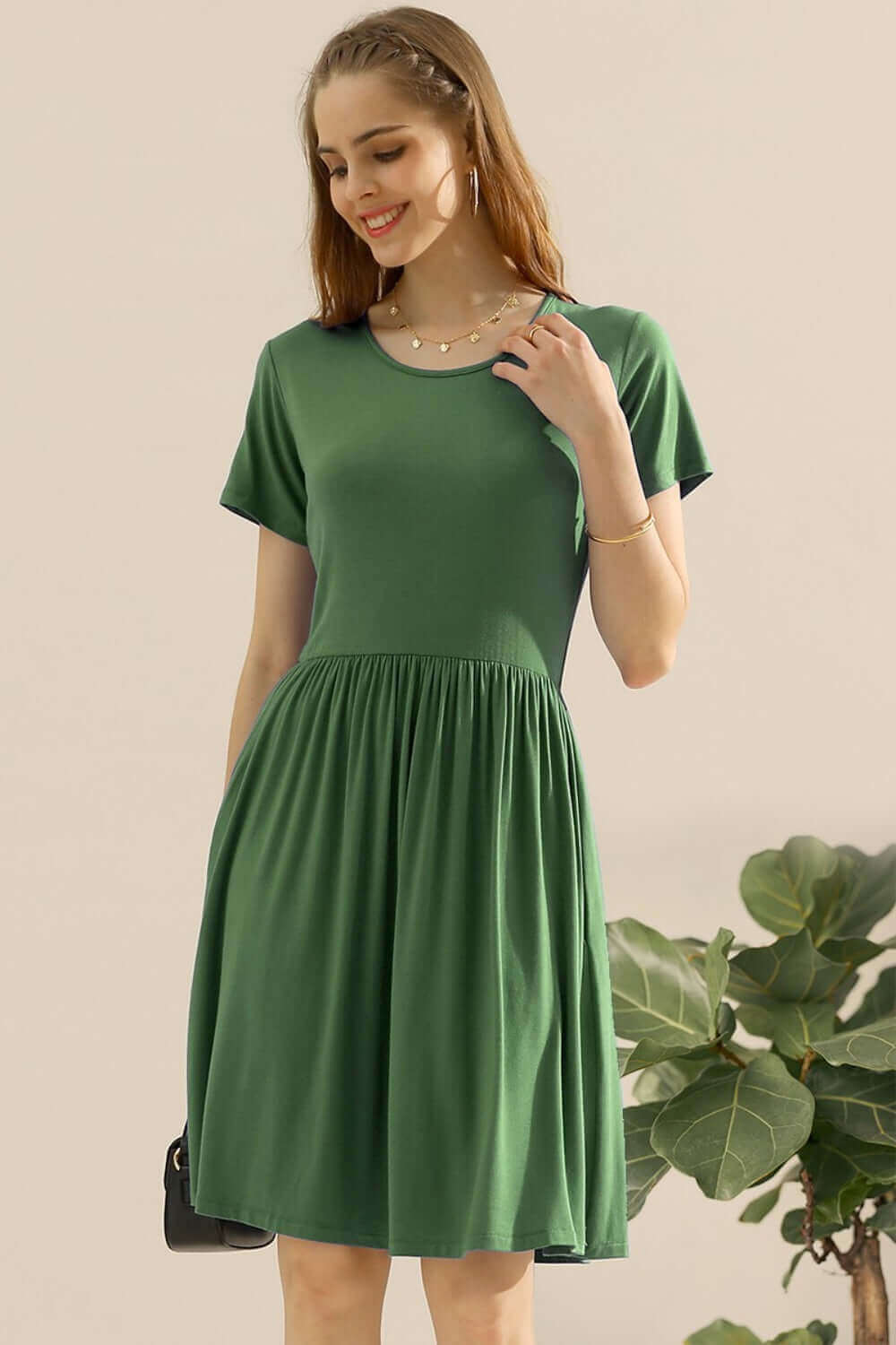 NINEXIS Full Size Round Neck Ruched Dress with Pockets at Bella Road