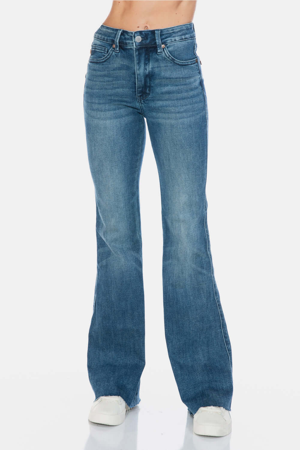 Judy Blue Full Size Tummy Control Cut Hem Flare Jeans in vintage wash, showcasing a flattering silhouette and modern design.