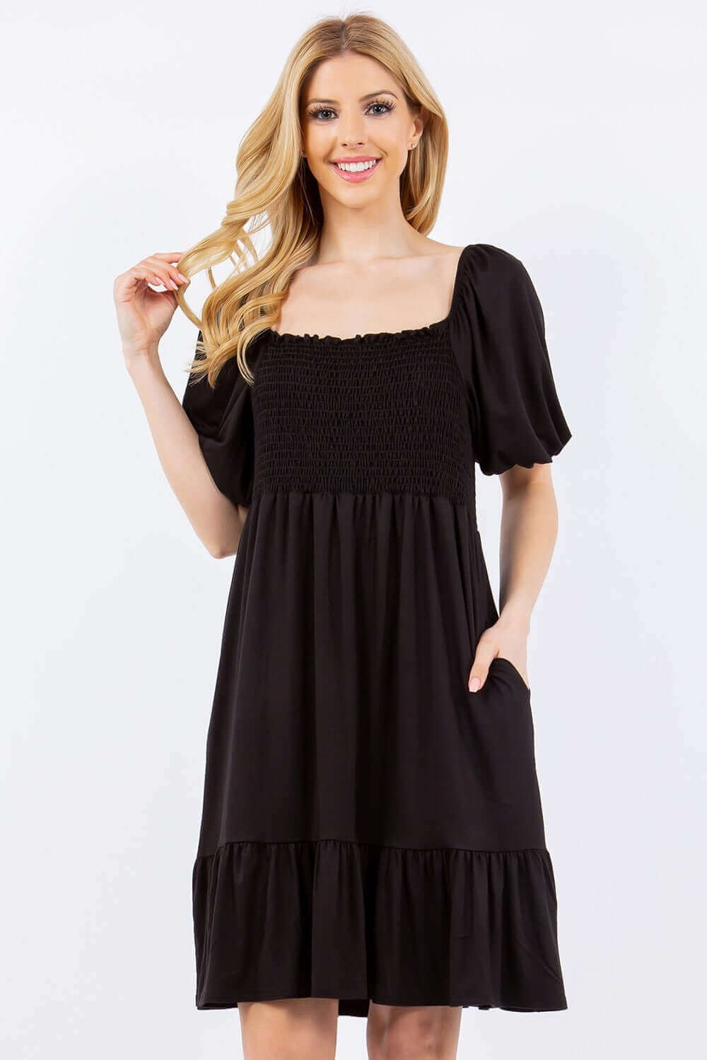 CELESTE Full Size Ruffle Hem Short Sleeve Smocked Dress at Bella Road