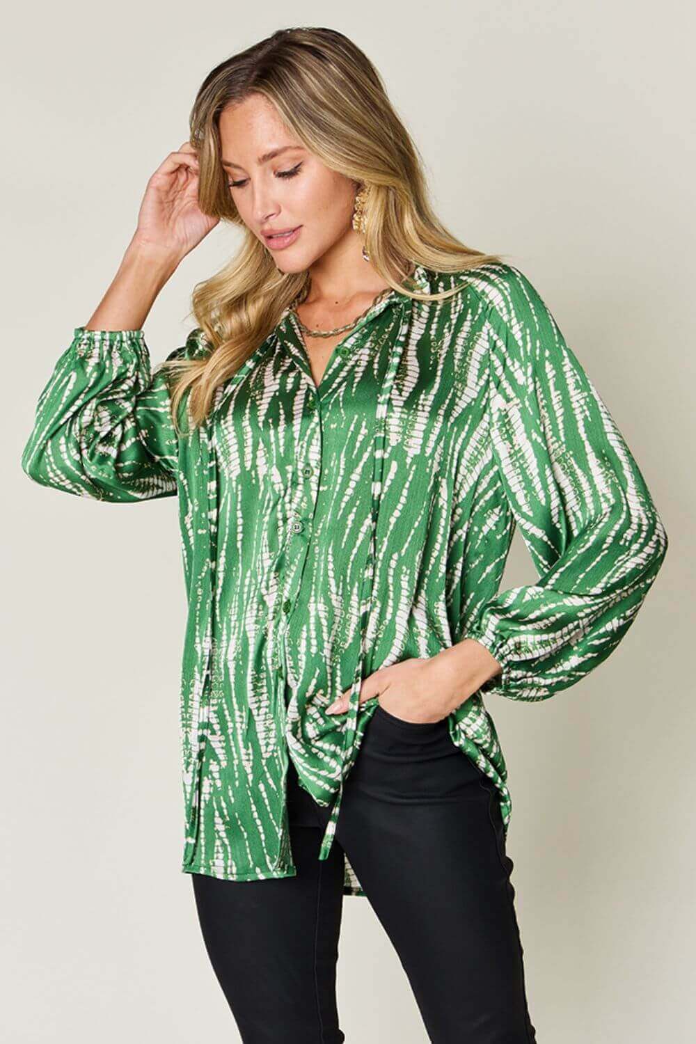 DOUBLE TAKE Full Size Printed Button Up Long Sleeve Shirt at Bella Road