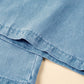 Close-up of Bella Road Denim wide leg jeans in light wash, showcasing drawstring waist and detailed stitching.