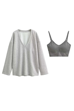 Basic Bae V-Neck Dropped Shoulder Long Sleeve Sweatshirt with built-in Bra in grey, ideal for lounging or errands, highly stretchy and comfortable