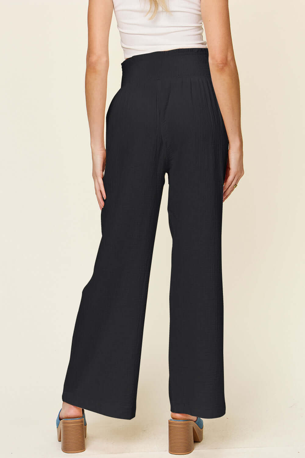 DOUBLE TAKE Full Size Texture Smocked Waist Wide Leg Pants at Bella Road