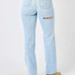 Back view of high waist distressed straight Judy Blue Jeans in light blue denim showing ripped detail and flattering fit.