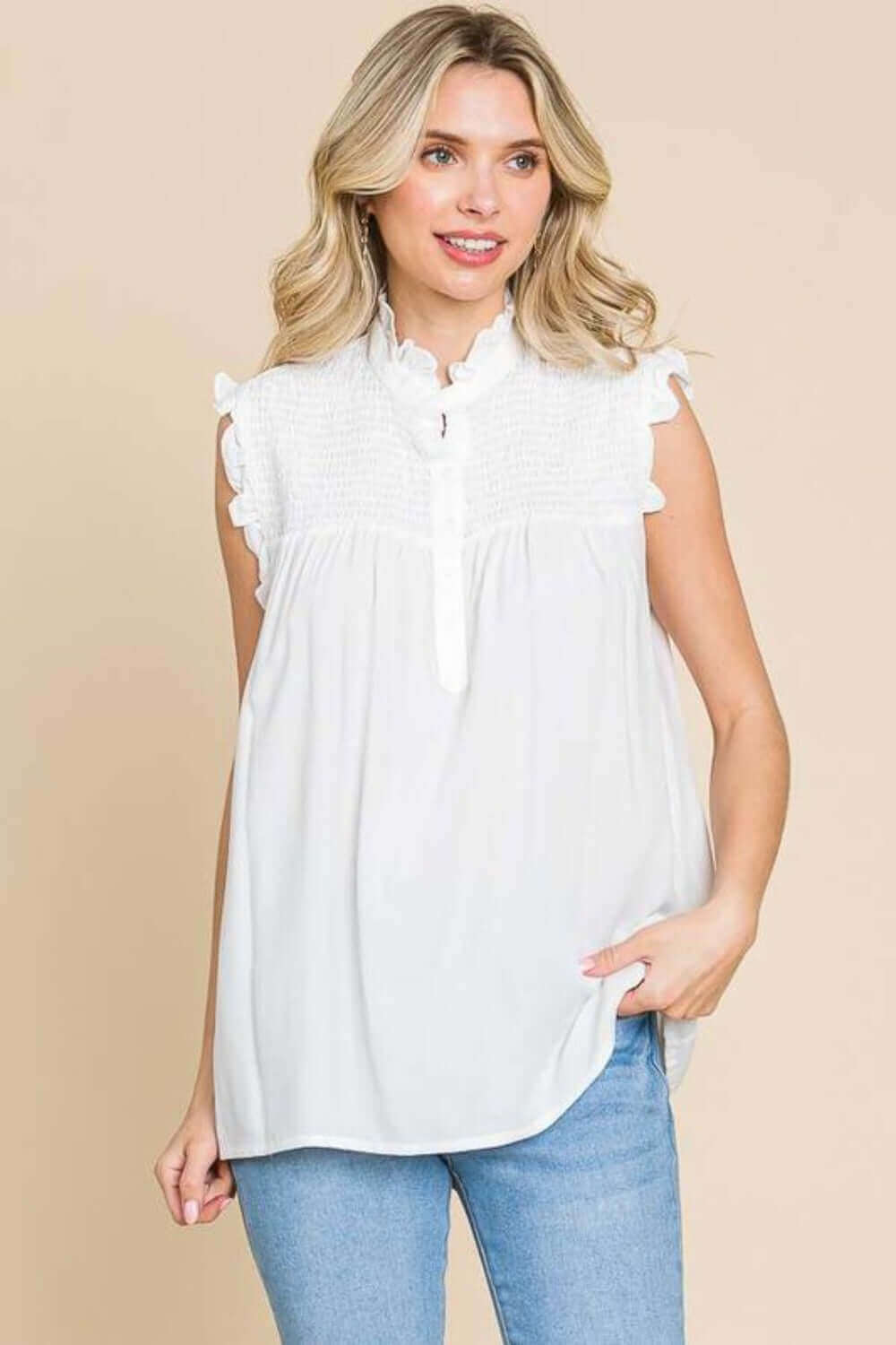 CULTURE CODE Full Size Frill Edge Smocked Sleeveless Top at Bella Road