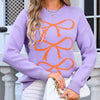 Angel Wings Bow Graphic Round Neck Long Sleeve Sweater - Lavender