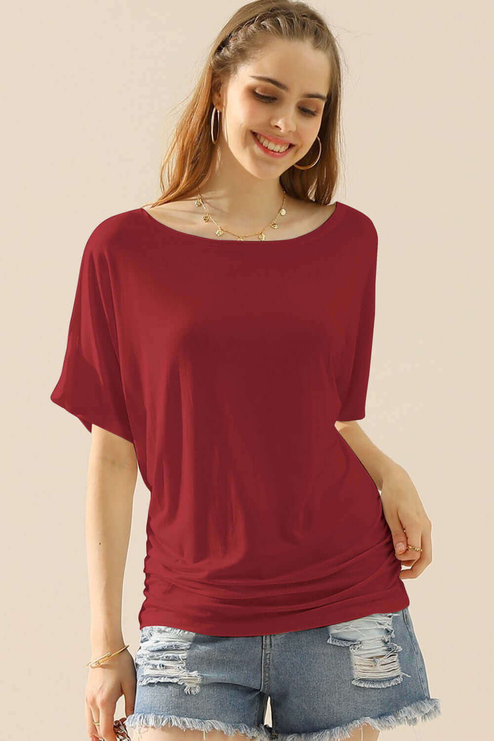 NINEXIS Boat Neck Short Sleeve Ruched Side Top at Bella Road