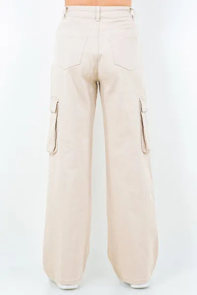 Back view of American Bazi full size drawstring wide leg cargo pants in beige with stylish cargo pockets.