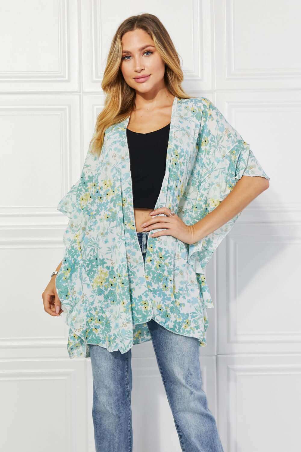 JUSTIN TAYLOR Fields of Poppy Floral Kimono in Green at Bella Road