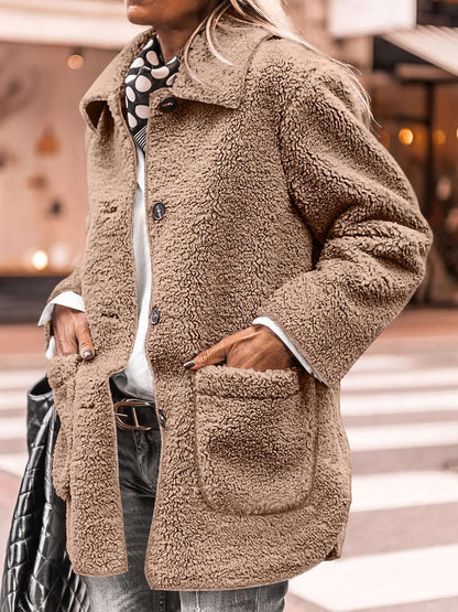 Woman wearing Bella Road Sherpa Pocketed Collared Neck Long Sleeve Jacket on city street