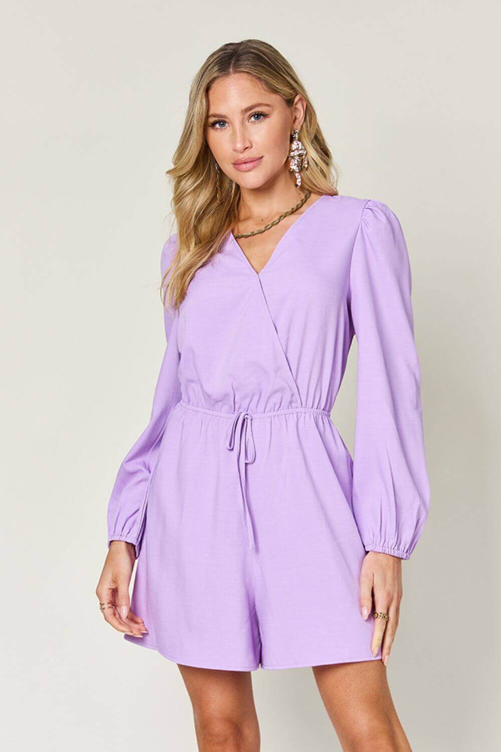 DOUBLE TAKE Full Size Drawstring Long Sleeve Romper at Bella Road