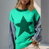 Double Take Full Size Star Pattern Raw Edge Long Sleeve Sweater - Tiffany Blue