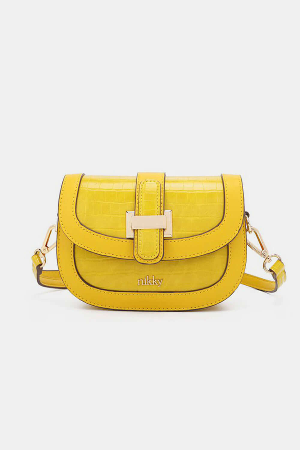 Nicole Lee USA yellow croc embossed crossbody bag with adjustable strap and sleek compact design for stylish on-the-go use.