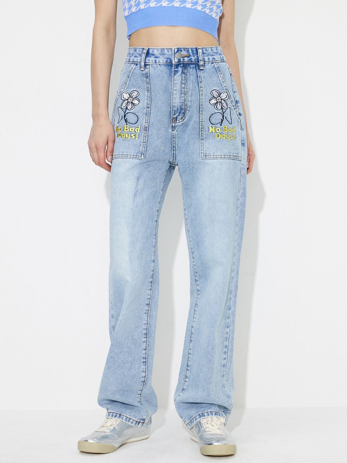 Bella Road "No Bad Days" Flower High Rise Straight Leg Jeans with Pockets, featuring playful embroidery and a flattering fit.