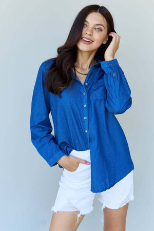 DOUBLJU Blue Jean Baby Denim Button Down Shirt Top in Dark Blue at Bella Road