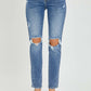 Risen Jeans high-rise knee distressed skinny jeans showcasing trendy distressed details on knees and flattering fit. Perfect for casual or dressy outfits.