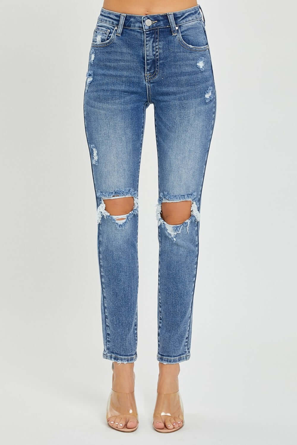 Risen Jeans high-rise knee distressed skinny jeans showcasing trendy distressed details on knees and flattering fit. Perfect for casual or dressy outfits.