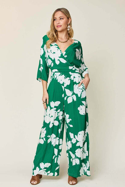 DOUBLE TAKE Full Size Printed Tie Back Wide Leg Jumpsuit at Bella Road