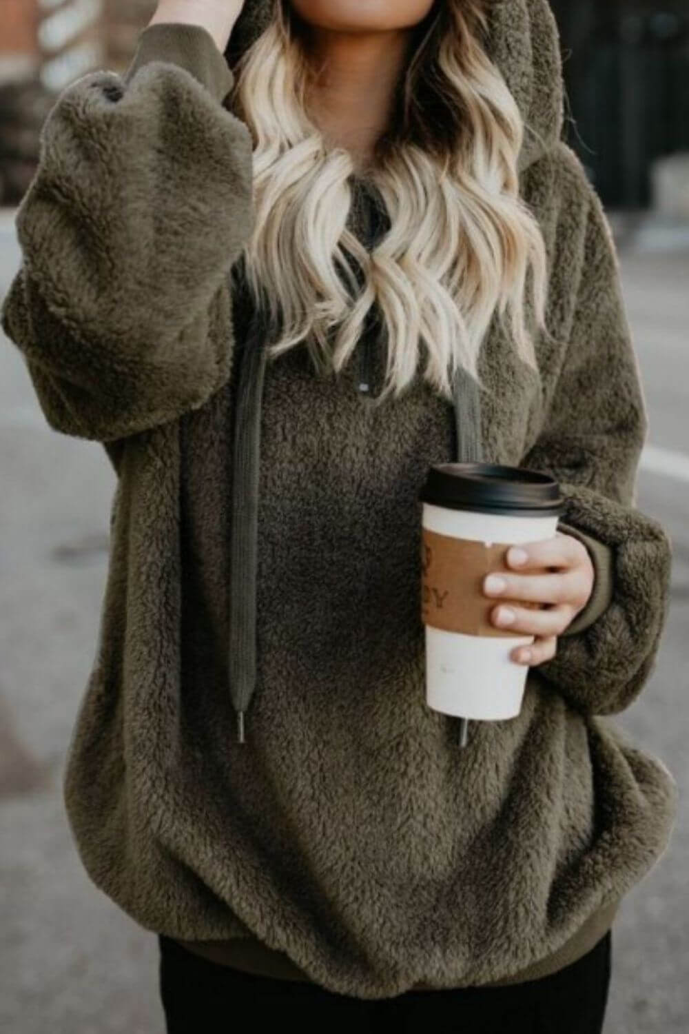 Cozy Bella Road quarter-zip teddy hoodie in olive, perfect for chilly days and coffee outings.