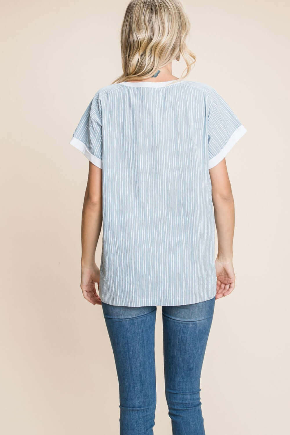 Woman Wearing Striped Contrast Short Sleeve T-Shirt, Back View