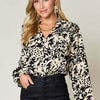 Printed Ruffle Trim Balloon Sleeve Shirt | Full Size - Black