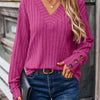 Ribbed V-Neck Long Sleeve T-Shirt - Cerise