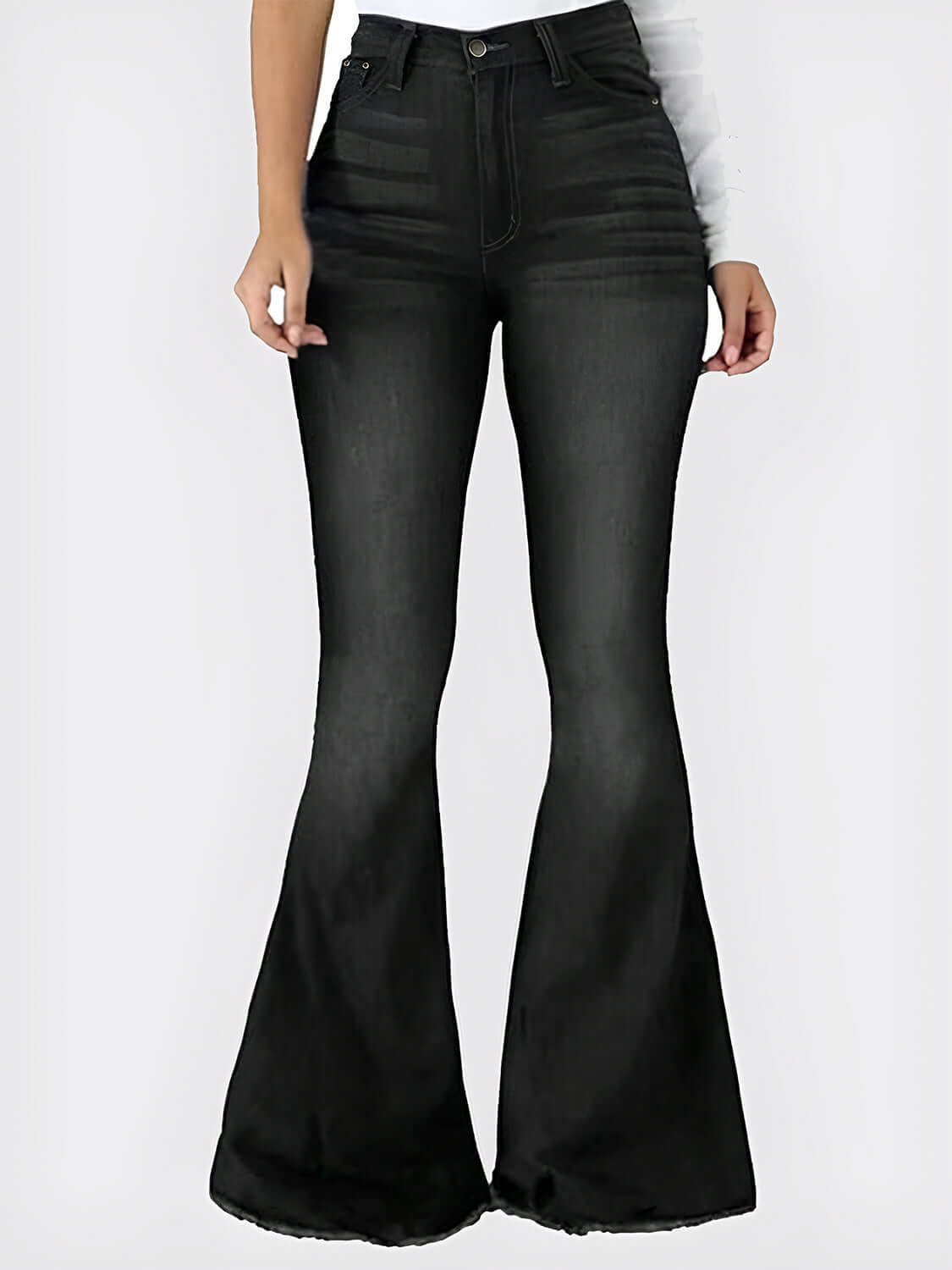 Chic black raw hem flare jeans with high waist, moderate stretch, button closure, and pockets for trendy, comfortable style.