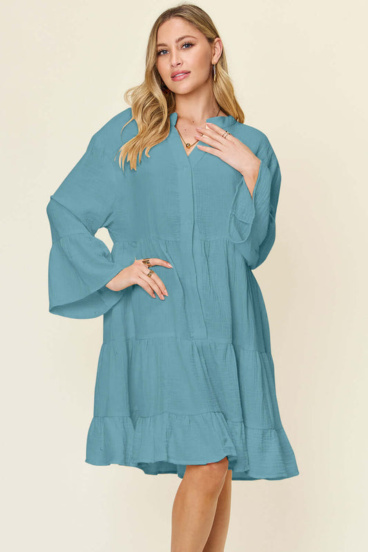 DOUBLE TAKE Full Size Texture Button Up Ruffle Hem Dress at Bella Road