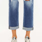 High Waist Distressed Hem Detail Cropped Straight Jeans with Rolled Cuffs and Sneakers