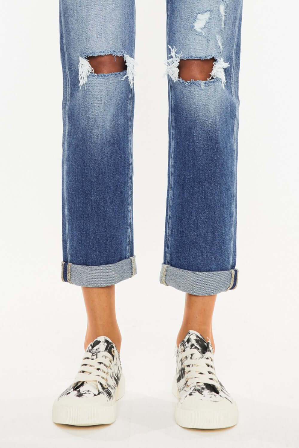 High Waist Distressed Hem Detail Cropped Straight Jeans with Rolled Cuffs and Sneakers