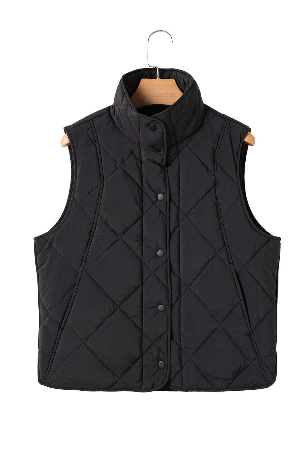 Black Bella Road Snap Down Vest Coat with pockets and quilted texture, perfect for fall and winter warmth and style.