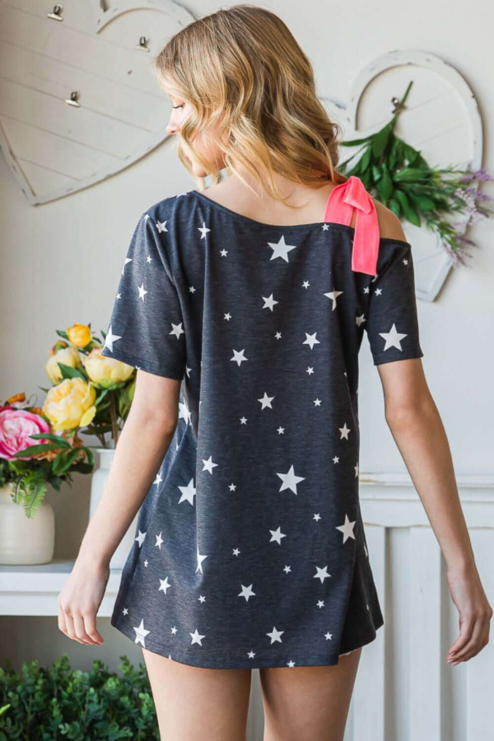 HEIMISH Full Size Star Print Asymmetrical Neck Short Sleeve Top at Bella Road